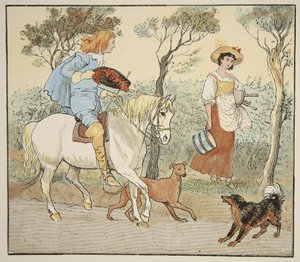 ¿A dónde vas, mi linda doncella?, ilustración de La Lechera, pub. por Frederick Warne y Co. de Randolph Caldecott